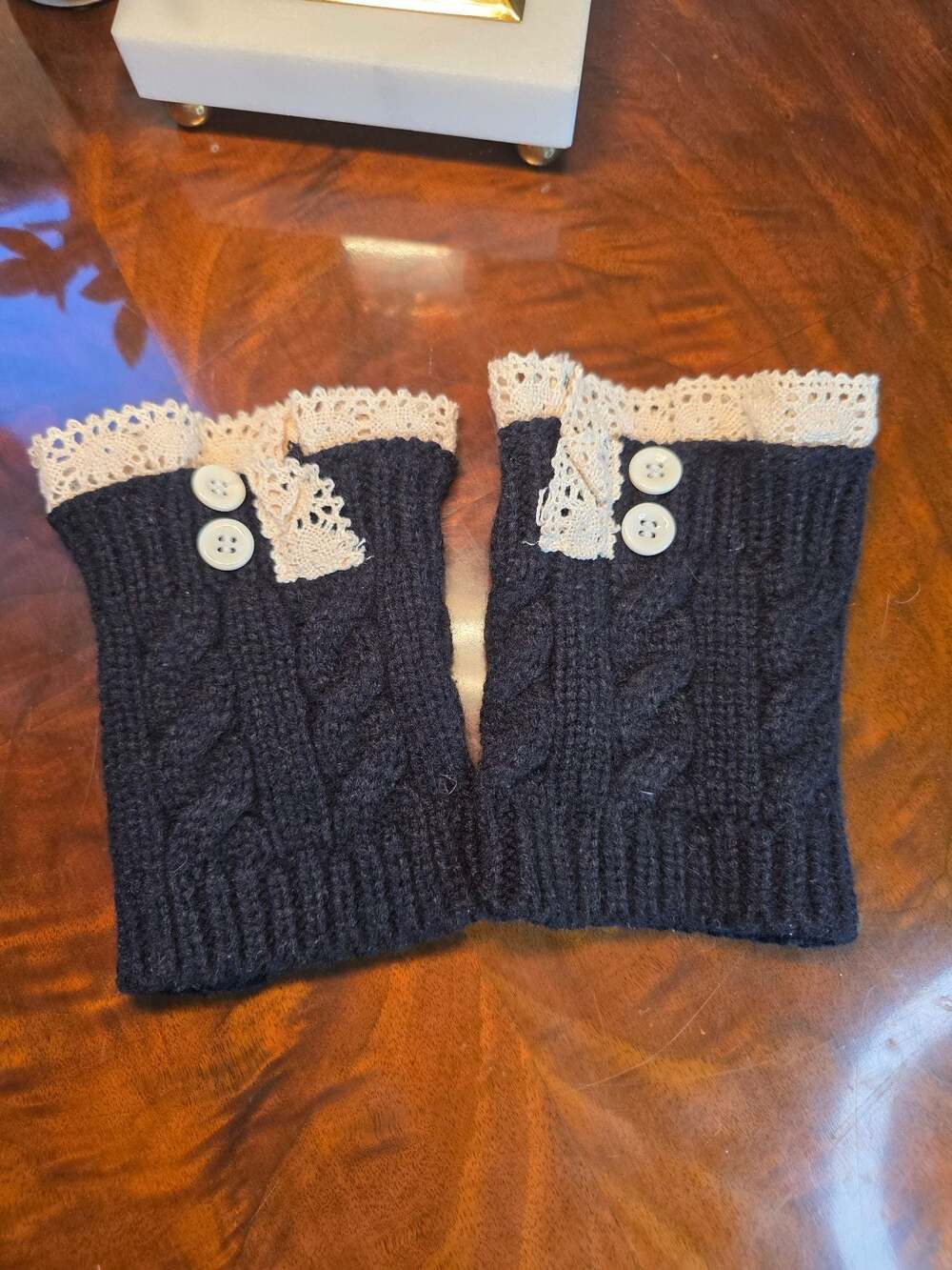 Women's Black Cable Knit Boot Cuffs with Lace Trim and Decorative Buttons